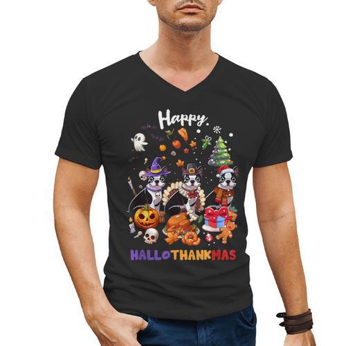 Boston Terrier Dog Christmas Happy Hallothankmas Halloween For Men Women Kids Men's V-Neck T-Shirt - Bostonterriersmerch.com