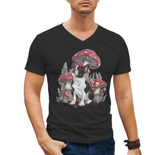 Boston Terrier Dog Cottagecore Aesthetic Mushroom Hat Men's V-Neck T-Shirt - Bostonterriersmerch.com UK