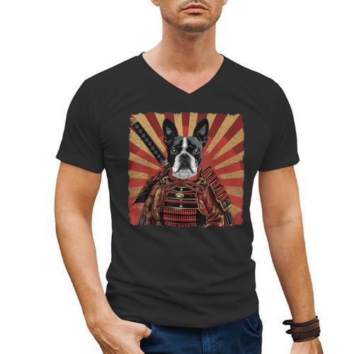 Boston Terrier Dog Japanese Art Samurai Ukiyo-e Men's V-Neck T-Shirt - Bostonterriersmerch.com