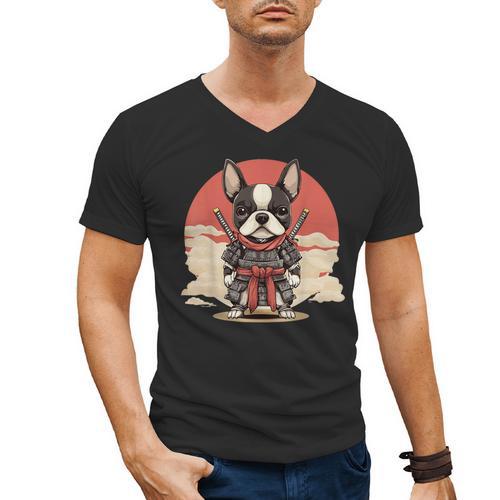 Boston Terrier Dog Japanese Style Samurai Dogs Men's V-Neck T-Shirt - Bostonterriersmerch.com