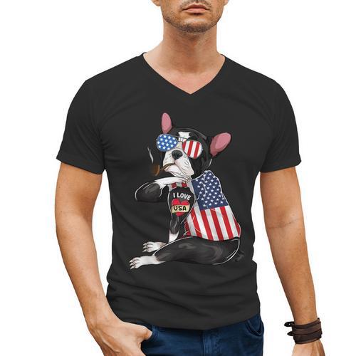 Boston Terrier Dog Merica 4th Of July Usa American Flag Men Men's V-Neck T-Shirt - Bostonterriersmerch.com