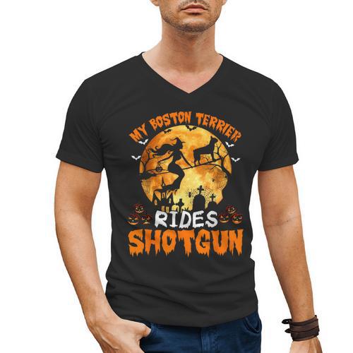 My Boston Terrier Dog Rides Shotgun Witch Halloween Men Women Men's V-Neck T-Shirt - Bostonterriersmerch.com