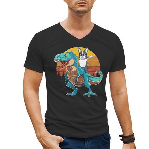 Boston Terrier Dog Riding Dinosaur T Rex Boys Men's V-Neck T-Shirt - Bostonterriersmerch.com