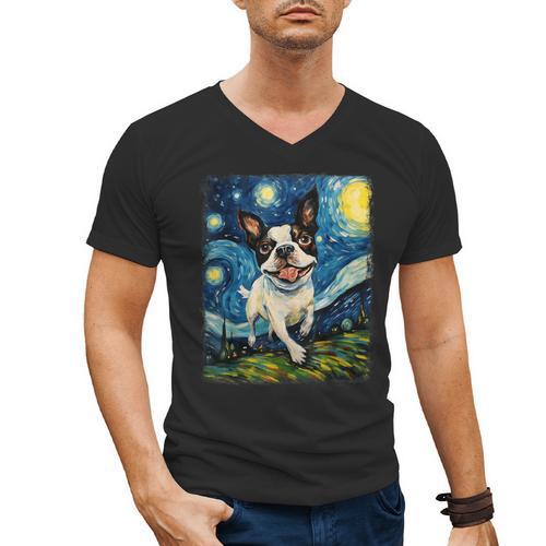 Boston Terrier Dog Starry Night Painting Men's V-Neck T-Shirt - Bostonterriersmerch.com
