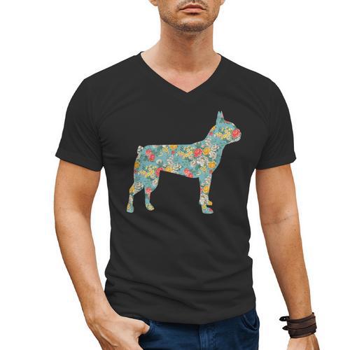 Boston Terrier Flower Silhouette Floral Dog Men Women Girls Kids Men's V-Neck T-Shirt - Bostonterriersmerch.com