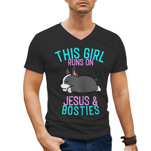 Boston Terrier This Girl Runs On Jesus And Boston Terriers Men's V-Neck T-Shirt - Bostonterriersmerch.com AU