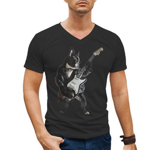 Boston Terrier Guitar Men's V-Neck T-Shirt - Bostonterriersmerch.com UK