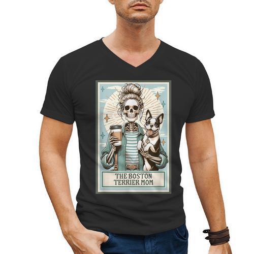 The Boston Terrier Mom Skeleton Spooky Season Halloween Men's V-Neck T-Shirt - Bostonterriersmerch.com