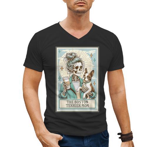 Boston Terrier Mom Skeleton Tarot Card Witch Vibes Dog Mom Men's V-Neck T-Shirt - Bostonterriersmerch.com