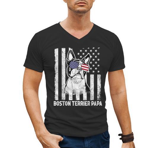 Boston Terrier Papa Cool Dog Lover USA American Flag Men Women Men's V-Neck T-Shirt - Bostonterriersmerch.com
