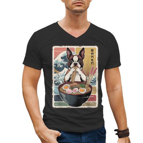 Boston Terrier Ramen Noodles Japanese Art Retro Ocean Waves Men's V-Neck T-Shirt - Bostonterriersmerch.com