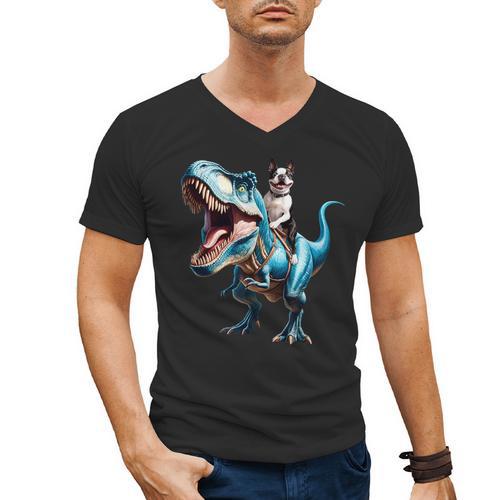 Boston Terrier Riding T-Rex Dinosaur Dog Lover Men's V-Neck T-Shirt - Bostonterriersmerch.com
