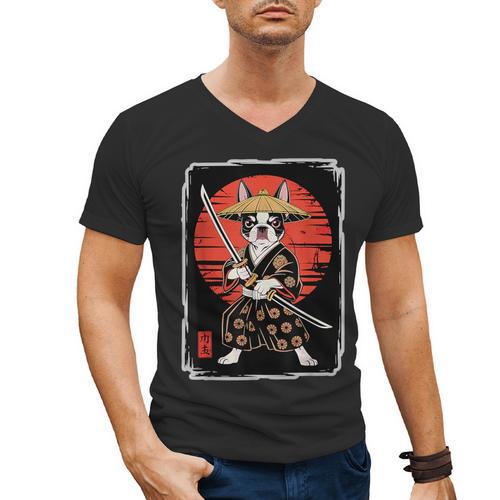 Boston Terrier Samurai Ninja Vintage Anime Japanese Ukiyo-e Men's V-Neck T-Shirt - Bostonterriersmerch.com