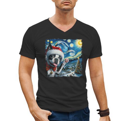 Boston Terrier Santa Starry Night Van Gogh Christmas Dog Men Women Kids Men's V-Neck T-Shirt - Bostonterriersmerch.com