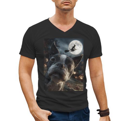 Boston Terrier Selfie Full Moon Flying Witch Halloween Dog Men's V-Neck T-Shirt - Bostonterriersmerch.com