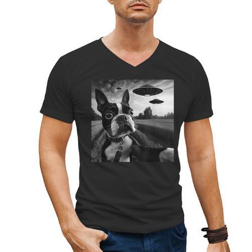 Boston Terrier Graphic Selfie With UFOs Weird Aliens Men's V-Neck T-Shirt - Bostonterriersmerch.com