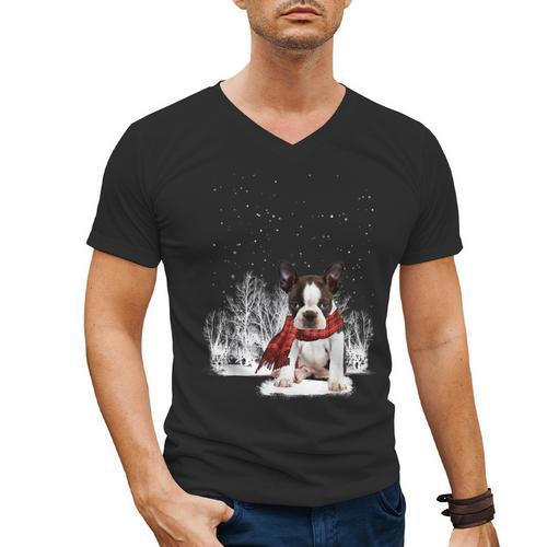 Boston Terrier In The Snow Merry Christmas Winter Men's V-Neck T-Shirt - Bostonterriersmerch.com