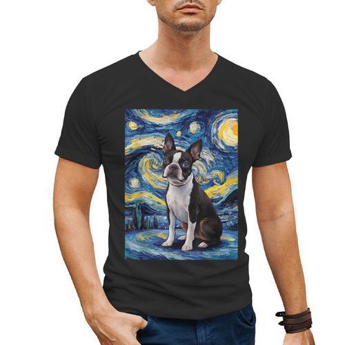 Boston Terrier Van Gogh Starry Night Men's V-Neck T-Shirt - Bostonterriersmerch.com