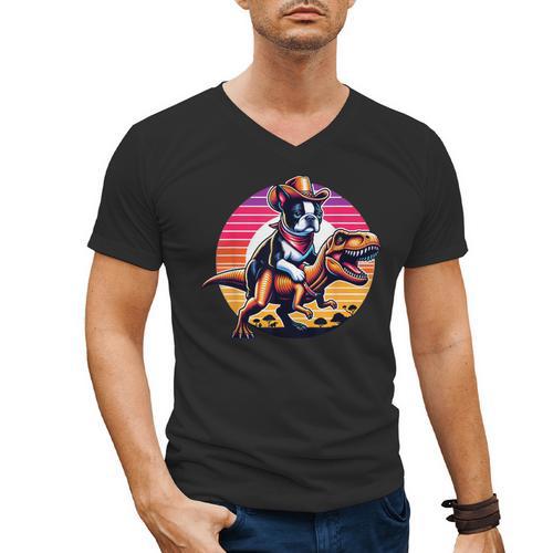 Boston Terrier Wearing A Cowboy Hat On T-Rex Men's V-Neck T-Shirt - Bostonterriersmerch.com