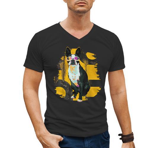 Boston Terrier s Mid-Century Modern Art s Street Grunge Men's V-Neck T-Shirt - Bostonterriersmerch.com
