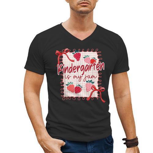 Bow Strawberry Kindergarten Is My Jam Teacher Kinder Team Men's V-Neck T-Shirt - teacherstshirts.com UK