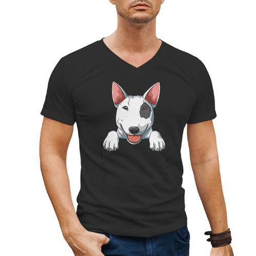 Bull Terrier Pocket Bull Terrier Peeking Out Pocket Men's V-Neck T-Shirt - Bostonterriersmerch.com