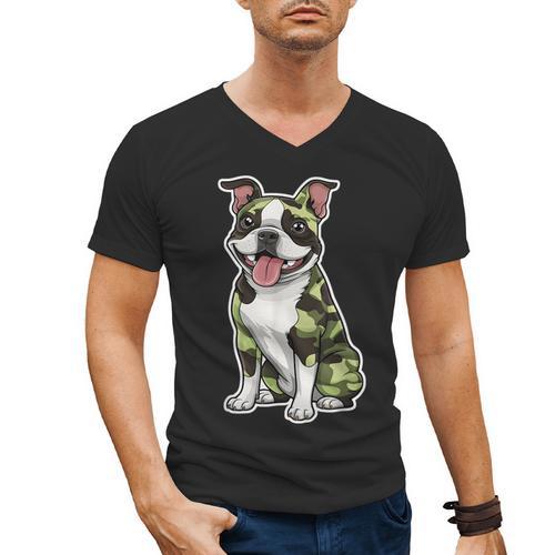 Camo Boston Terrier Pet Owner Camouflage Dog Lover Men's V-Neck T-Shirt - Bostonterriersmerch.com