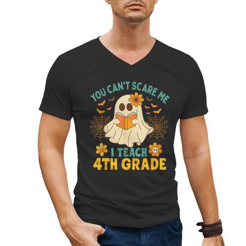You Can't Scare Me I Teach 4th Grade Halloween Teacher Ghost Men's V-Neck T-Shirt - teacherstshirts.com