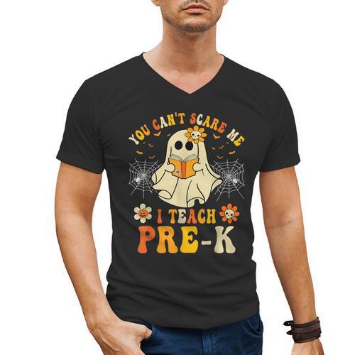 You Can't Scare Me I Teach Pre-K Halloween Teacher Ghost Men's V-Neck T-Shirt - teacherstshirts.com
