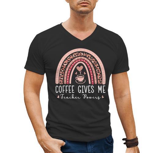 Coffee Gives Me Teacher Powers Leopard Rainbow Teacher Men's V-Neck T-Shirt - teacherstshirts.com UK