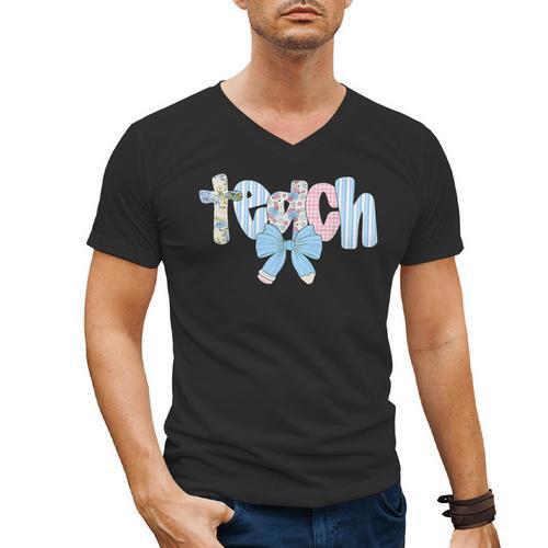 Coquette Bow Teach Teacher Happy First Day Back To School Men's V-Neck T-Shirt - teacherstshirts.com CA