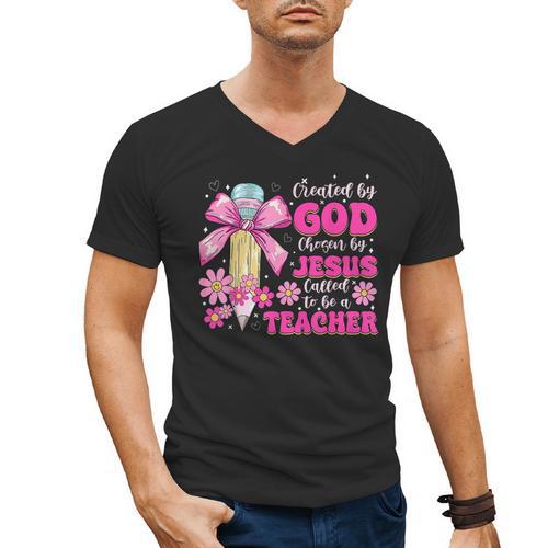 Created By God Called To Teacher Jesus Christian Teacher Men's V-Neck T-Shirt - teacherstshirts.com AU