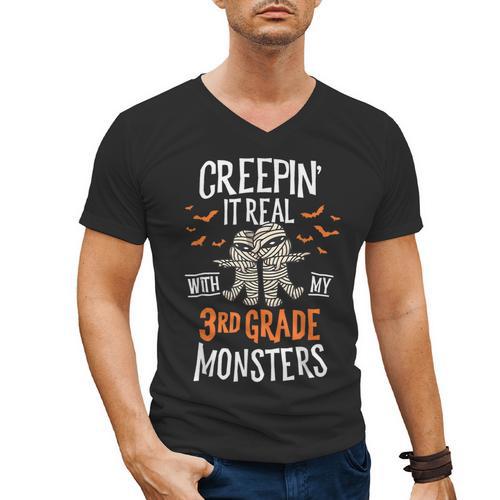 Creepin It Real With My 3rd Grade Monsters Halloween Teacher Men's V-Neck T-Shirt - teacherstshirts.com UK