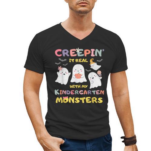 Creepin It Real With Kindergarten Monsters Halloween Teacher Men's V-Neck T-Shirt - teacherstshirts.com UK