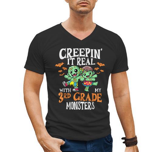 Creepin It Real Monster School 3rd Grade Teacher Halloween Men's V-Neck T-Shirt - teacherstshirts.com UK