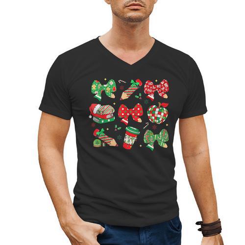 Cute Coquette Pencil Bow Christmas School Teacher Student Men's V-Neck T-Shirt - teacherstshirts.com CA