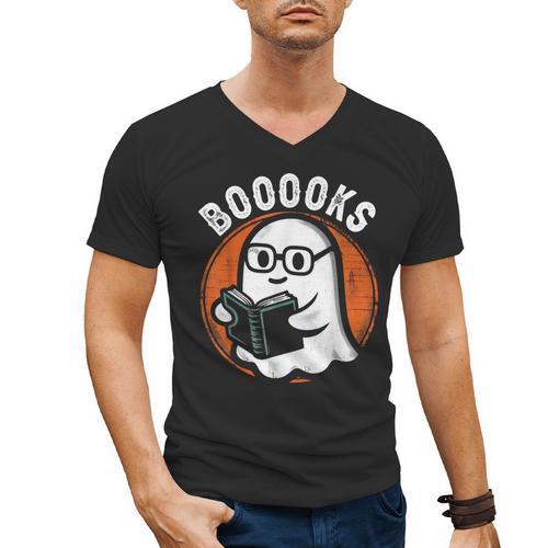 Cute Ghost Book Reading Books Lover Retro Halloween Teacher Men's V-Neck T-Shirt - teacherstshirts.com CA
