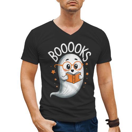 Cute Ghost Book Reading Halloween Teacher Men's V-Neck T-Shirt - teacherstshirts.com UK