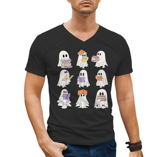Cute Ghost Reading Books Teacher Halloween Reading Men Women Kids Men's V-Neck T-Shirt - teacherstshirts.com CA
