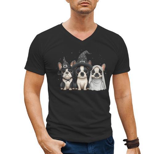 Cute Halloween Boston Terrier Dogs Witch Hat Ghost Dog For Men Women Kids Men's V-Neck T-Shirt - Bostonterriersmerch.com