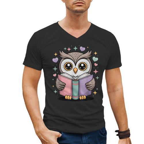 Cute Reading Owl Book Lover Teacher Librarian Bookworm Men's V-Neck T-Shirt - teacherstshirts.com DE