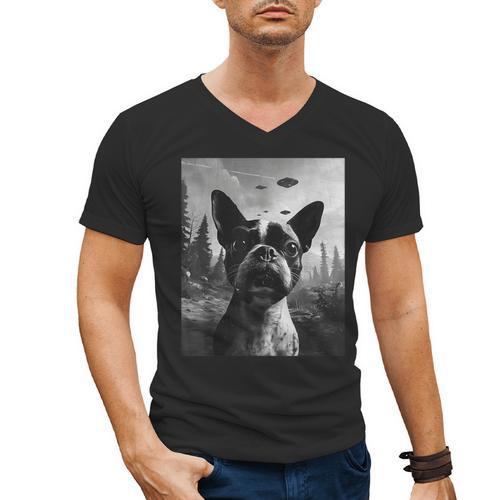 Dog Mom Dad Alien Selfie Boston Terrier UFO For Men Women Men's V-Neck T-Shirt - Bostonterriersmerch.com