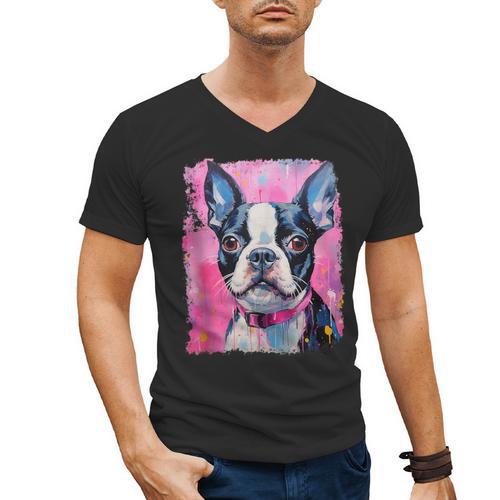 Dog Pink Boston Terrier Men's V-Neck T-Shirt - Bostonterriersmerch.com