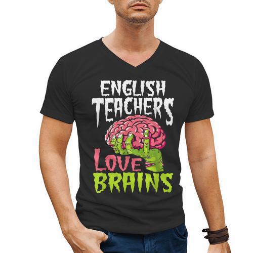 English Teachers Love Brains Zombie Teacher School Halloween Men's V-Neck T-Shirt - teacherstshirts.com AU