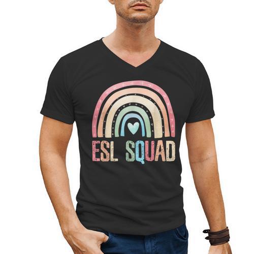 ESL Squad Teacher Crew Team Back To School English Rainbow Men's V-Neck T-Shirt - teacherstshirts.com CA