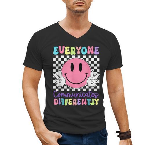 Everyone Communicates Differently Autism Awareness Teacher Men's V-Neck T-Shirt - teacherstshirts.com