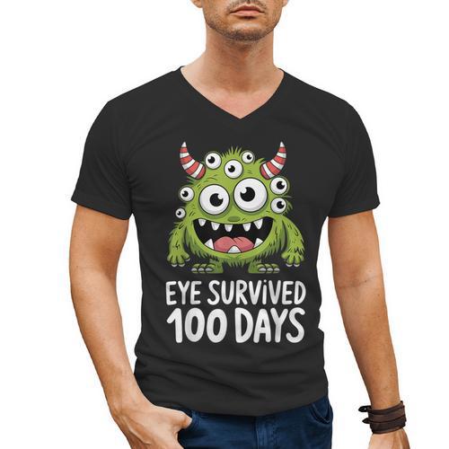 Eye Survived 100 Days Of School Monster Lover Teacher Kids Men's V-Neck T-Shirt - teacherstshirts.com