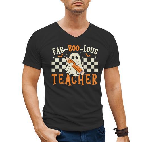 Fab Boo Lous Teacher Retro Ghost Spooky Halloween Costume Men's V-Neck T-Shirt - teacherstshirts.com CA