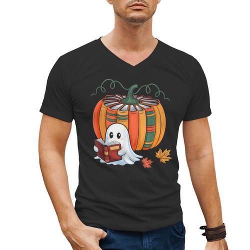 Fall Book Pumpkin Ghost Reading Books Halloween Teacher Men's V-Neck T-Shirt - teacherstshirts.com DE