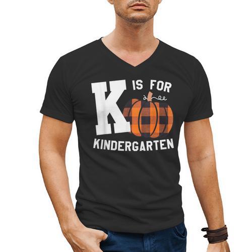 Fall Kindergarten Teacher K Is For Buffalo Plaid Pumpkin Men's V-Neck T-Shirt - teacherstshirts.com AU